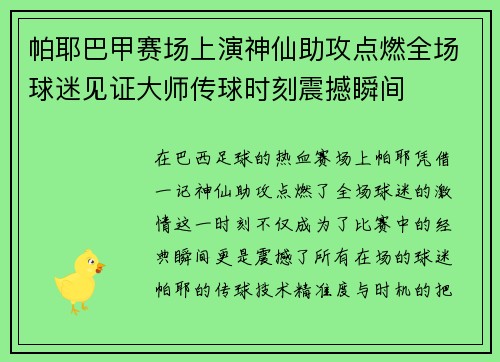 帕耶巴甲赛场上演神仙助攻点燃全场球迷见证大师传球时刻震撼瞬间